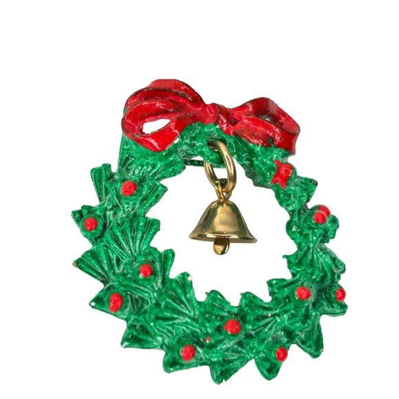 Vintage Holiday Christmas Wreath with Bell Brooch Pin 1 5/8" Diameter - Picture 3 of 5